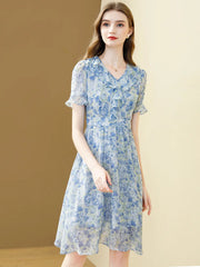 EVNISI Women Chic Blue Printing Chiffon Dress V-neck Short Sleeve Elegant Office