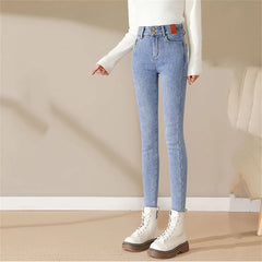 Mid Waist Warm Jeans For Women Blue Female Winter Jeans Women Denim Pants