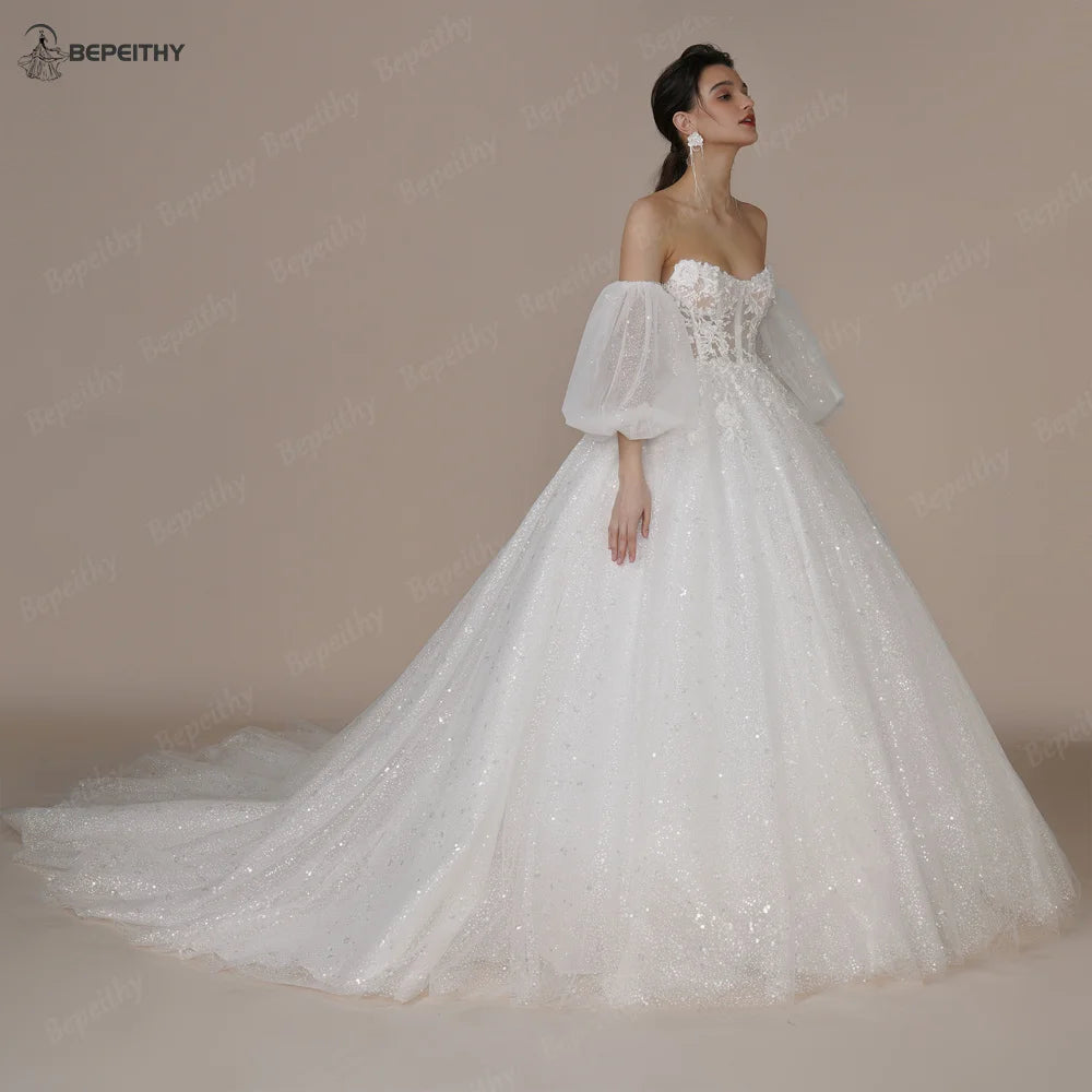 White Bridesmaid Dresses: Ivory Glitter Wedding Dresses For Women Court Train