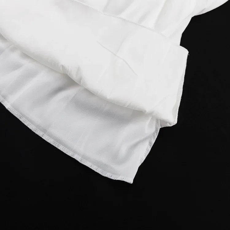 Talenza White Ruffle Bandage Mini Dress Women's Elegant Patchwork Long Sleeve Dress New Slim V Neck Lace Up Summer Mini Dress