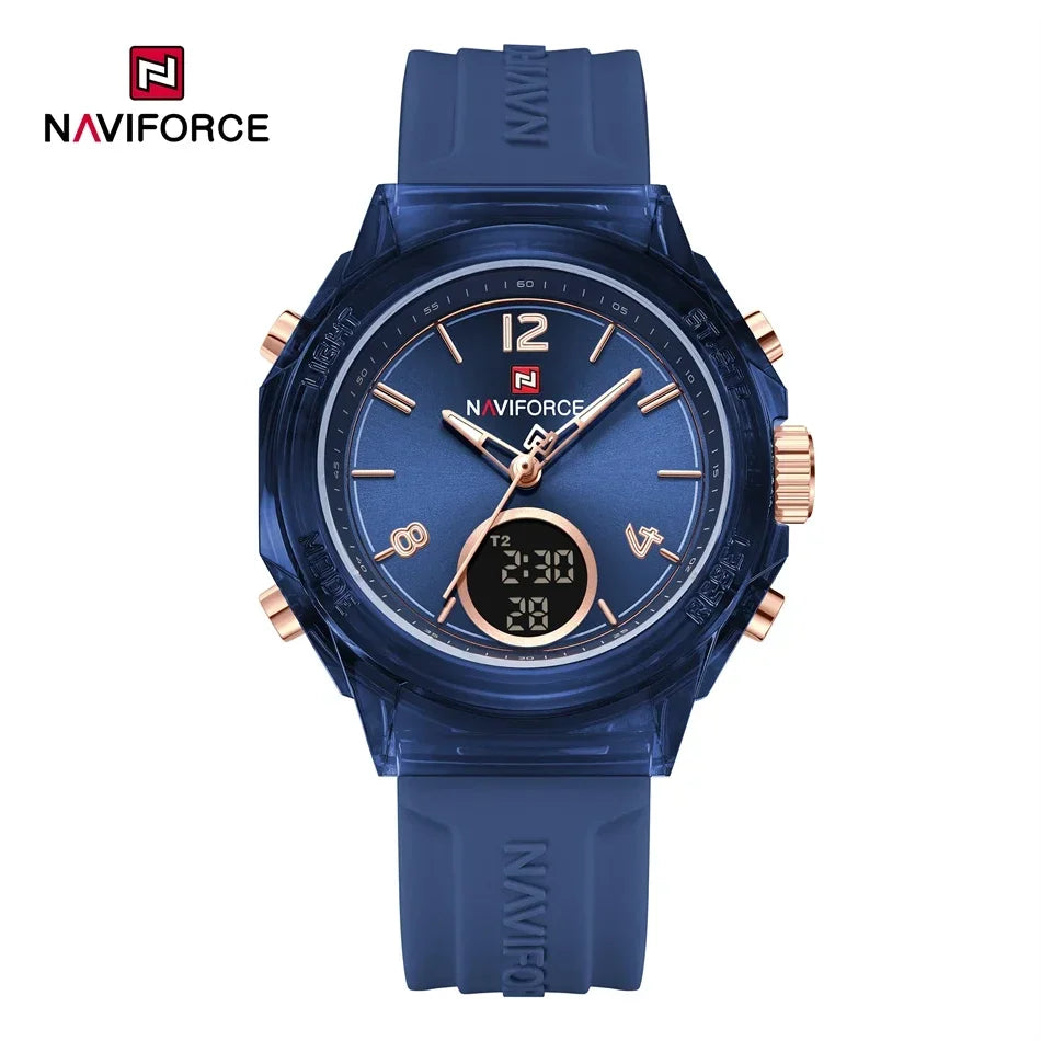 NAVIFORCE Luxury Women's Watch Gold Outdoor Sports Waterproof Watches Dual Time Display Quartz Wristwatches Rubber Digital Clock