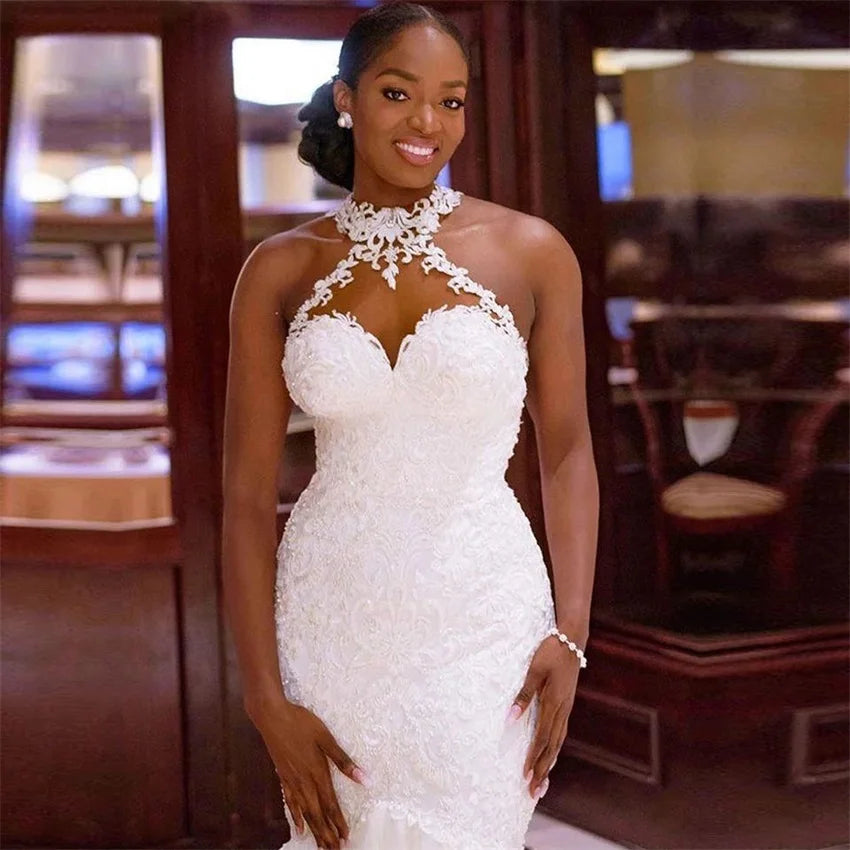 White Bridesmaid Dresses: Halter Sheer Neck Vintage Mermaid Wedding Dresses
