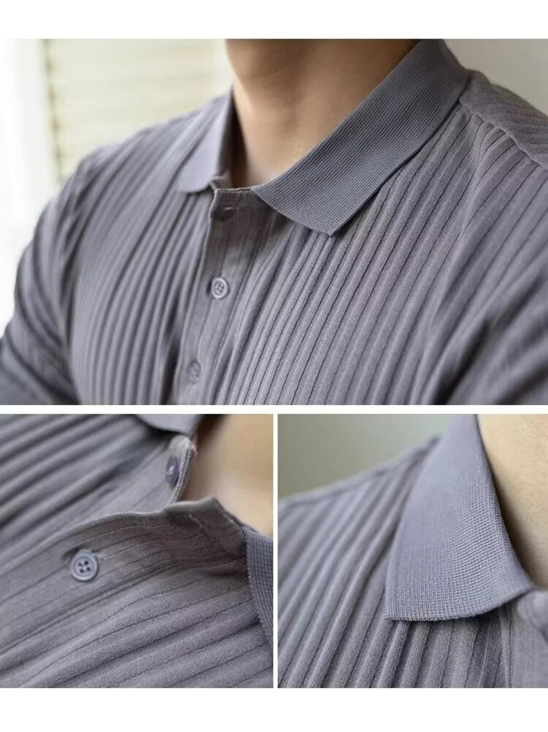 Vertical Stripe Knit Polo Men's Shirts Summer New Slim Solid Color Breathable Turn-Down Collar Business Short Sleeve Polo Tops