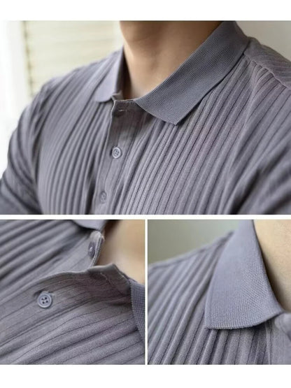 Vertical Stripe Knit Polo Men's Shirts Summer New Slim Solid Color Breathable Turn-Down Collar Business Short Sleeve Polo Tops