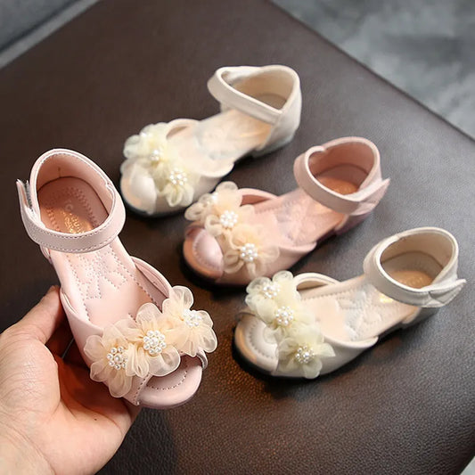 Children Sandals Pearl Flower Fashion Princess Shoes Girls Sandal Party Beach Baby Flats Casual Shoes