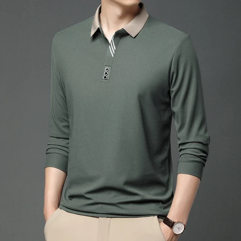 New Men's Business Casual Long Sleeved Shirt Solid Color Polo Shirt Fashionable Breathable Comfortable Versatile Top