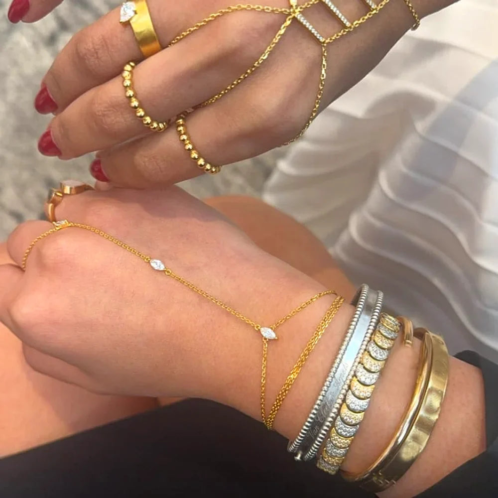 2025 New Micro Pave Clear CZ Tassel Hand Chain Bracelet Gold Color With Round CZ Station Double Chain Fashion Women Jewelry