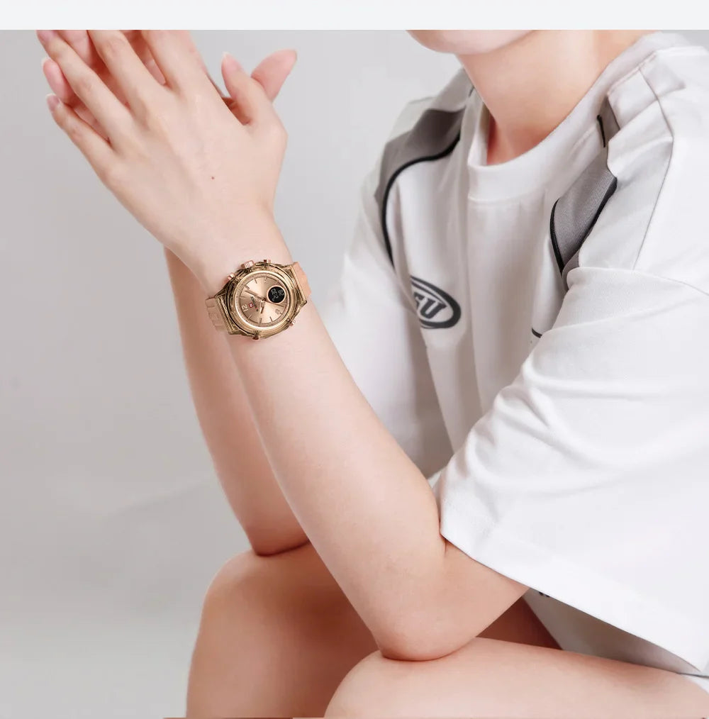NAVIFORCE Luxury Women's Watch Gold Outdoor Sports Waterproof Watches Dual Time Display Quartz Wristwatches Rubber Digital Clock