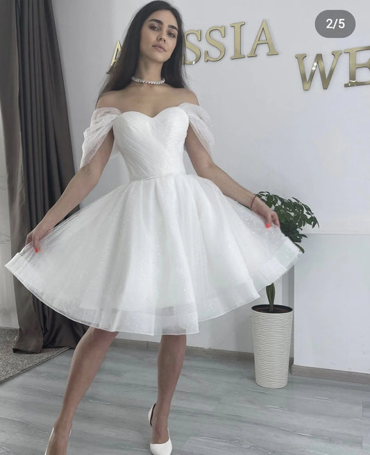 White Bridesmaid Dresses: Wedding Dress Lace Up Back Off The Shoulder Knee Length