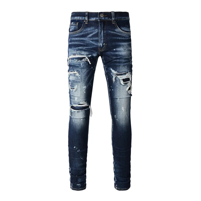 Men Holes Patchwork Denim Jeans Streetwear Dark Blue Stretch Pants Painted