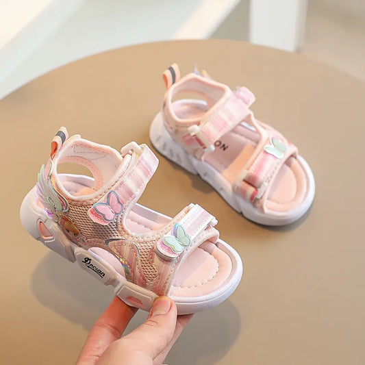 Girls Sandals 2022 Summer New Style Butterfly Breathable Mesh Soft Sole PVC Princess Flat Shoes Baby Girl Sport Beach Sandals