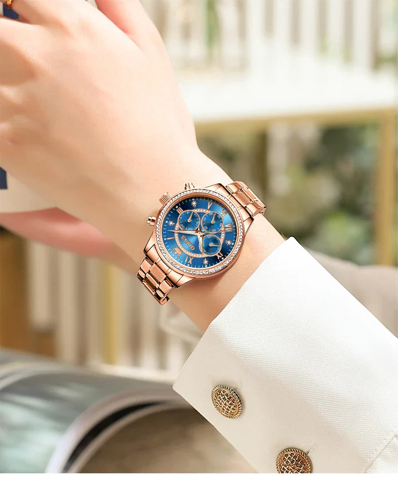 OLEVS Women's Watches Top Brand Luxury Original Quartz Watch for Ladies Chronograph Waterproof Luminous Rhinestone Dial 24 Hour