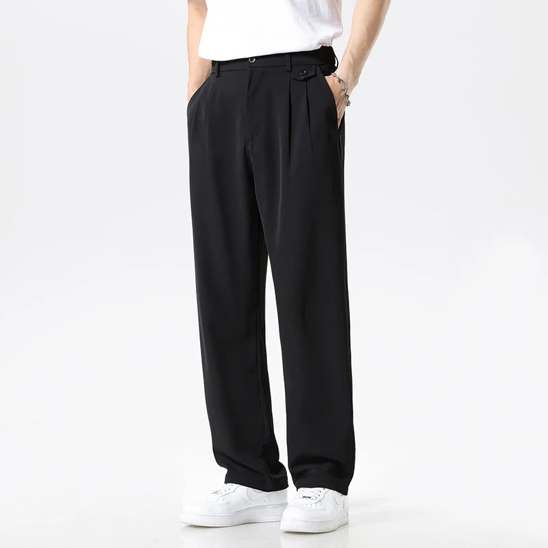 Men's Casual Loose Straight Suit Pants Button Elastic Waist Korea Leisure