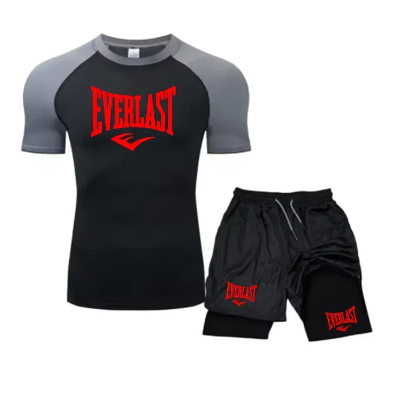 EVERLAST Men's Compress Shirt + 2-in-1 sports shorts 2pcs Set Leisure Breath Short Sleeve Sport Jogging Gym Brand Print Clothing