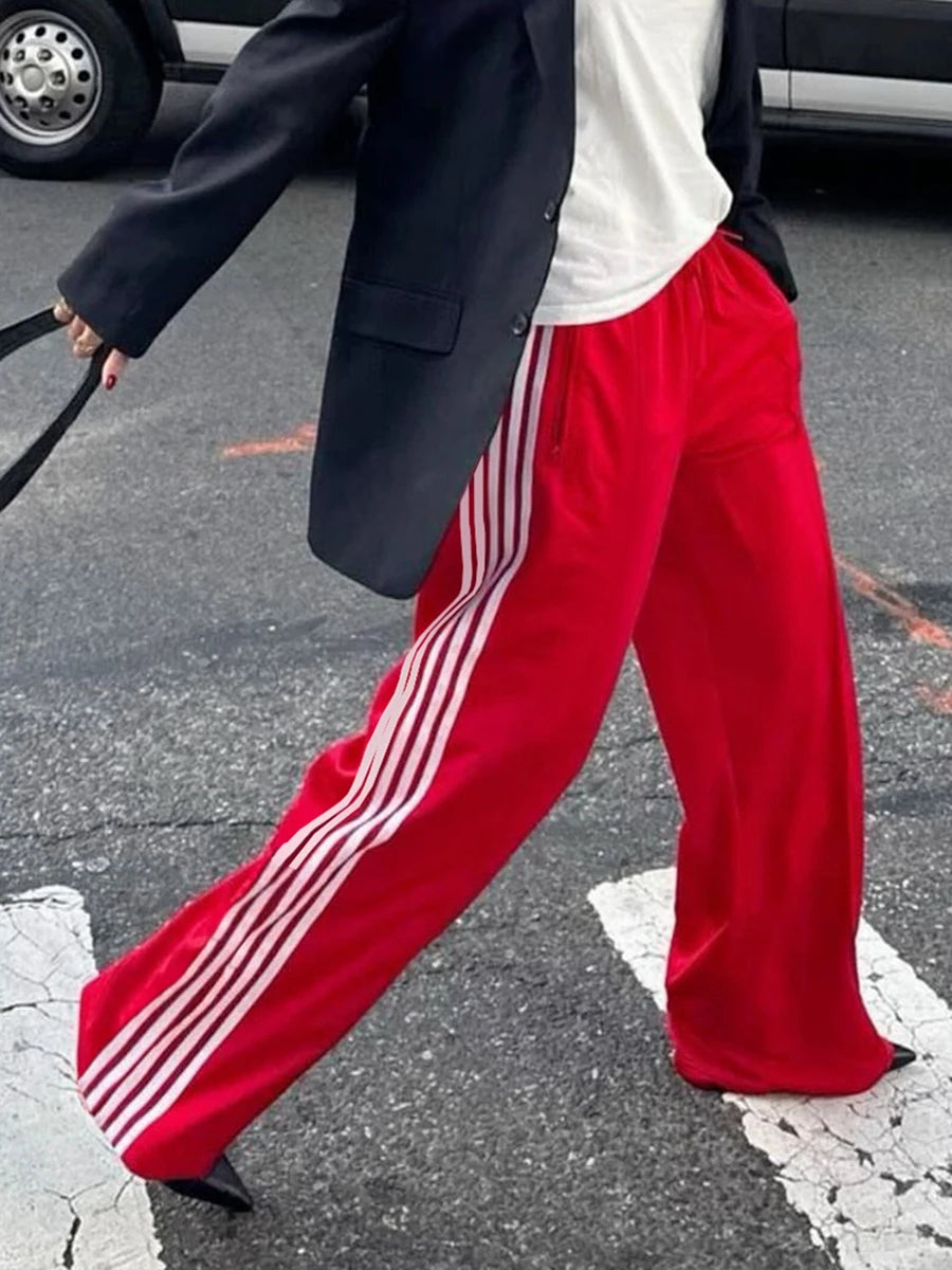 Women Y2k Wide Leg Track Pants Baggy Side Striped Joggers Sweatpants Elastic Waist