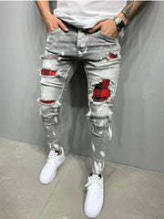 Distress Plaid Patch Holes Streetwear Ripped Skinny Jeans Men Biker Slim Elastic