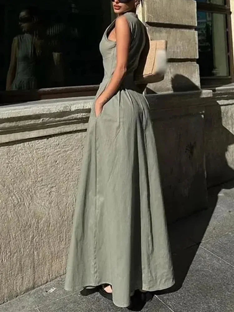 MUJER Zipper Long Dress Woman Pleated Sleeveless Bodycon Dress Summer Elegant Party Dresses For Women 2025 New Midi Dresses