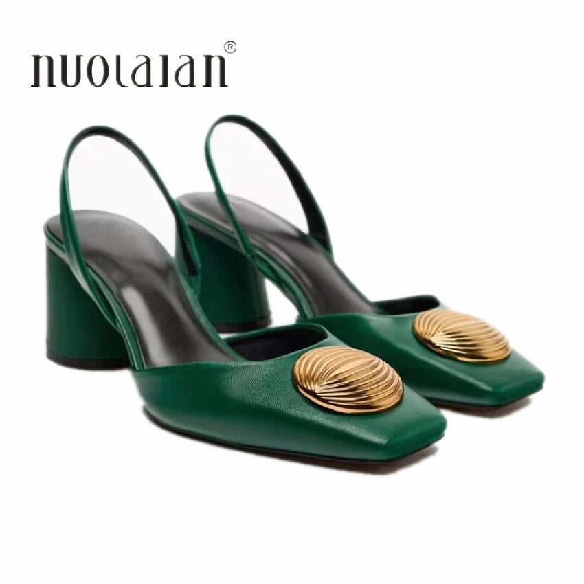 Green High Heels For Women 2024 Fashion Squared Toe Leather Slingbacks Pumps Elegant Lady Heeled Shoes Autumn Luxury Heels