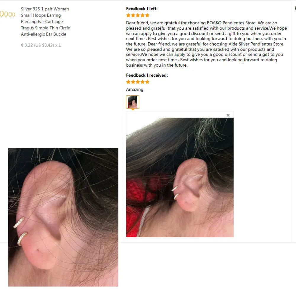 Silver 925 1 pair Women Small Hoops Earring Piercing Ear Cartilage Tragus Simple Thin Circle Anti-allergic Ear Buckle