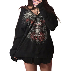 Gothic Sweatshirt Women 2000s Fairy Grunge Skull Print Long Sleeve Hooded Tops y2k Aesthetic Hoodie Oversize Clothes Streetwear
