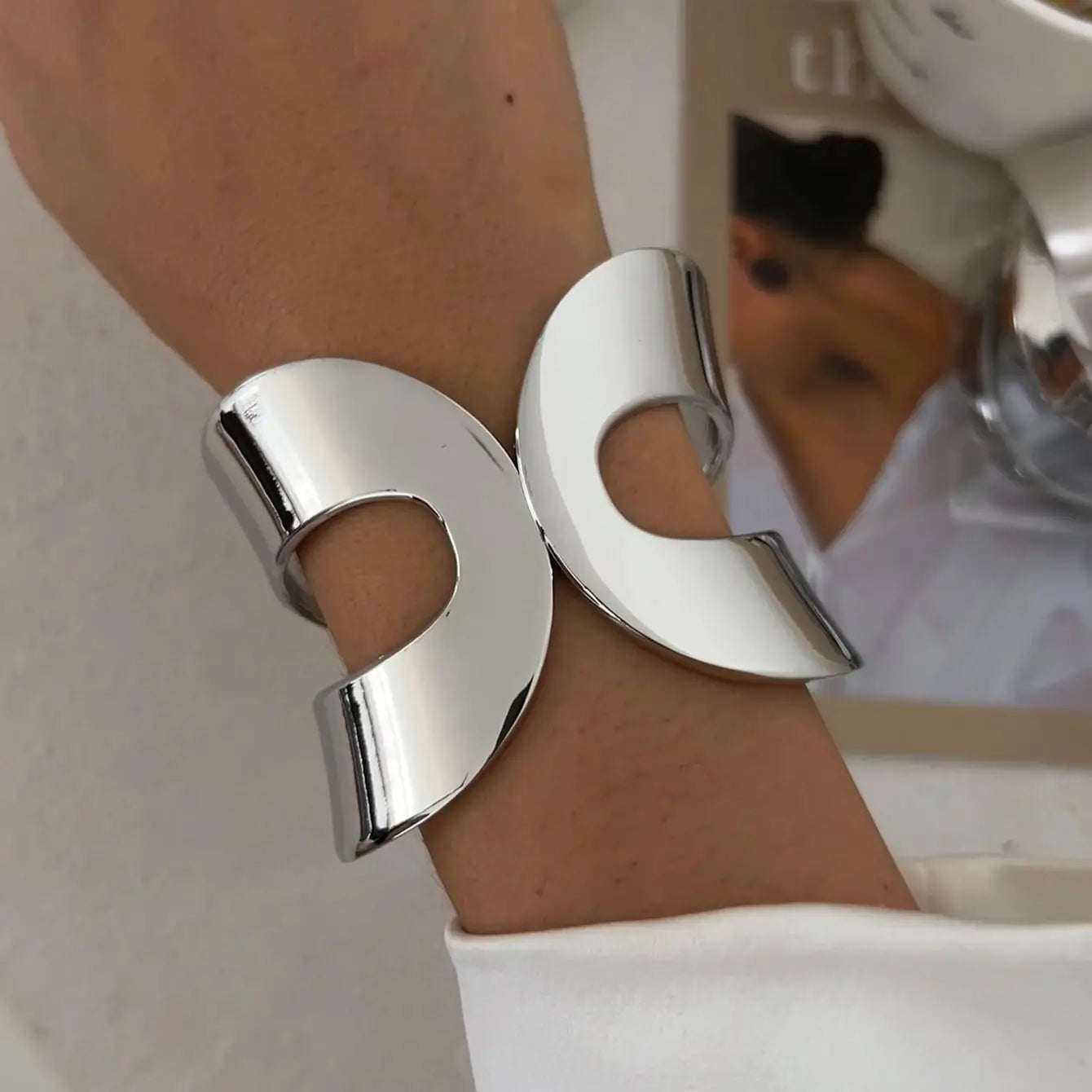 KunJoe Fashion Design Smooth Gold Color Chunky Spring Bangles for Women Exaggerated Geometric Wide Open Cuff Bracelet Unisex Men