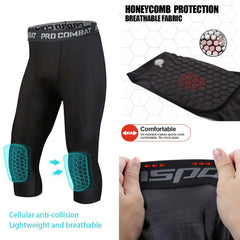 Men's Safety Anti-Collision Pants Basketball Training 3/4 Tights Leggings With Knee Pads