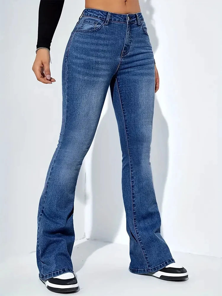 Elegant Women Flare Stretch Moustache Jeans Skinny Bell Bottom High Waist Denim