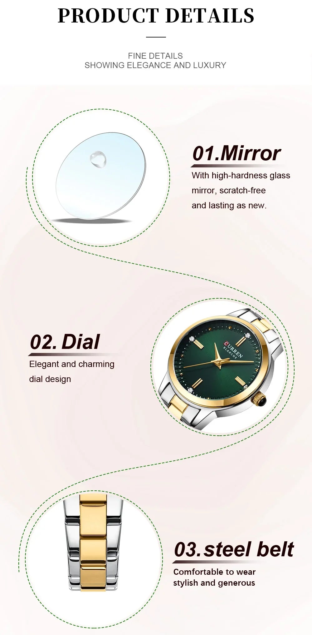 CURREN Simple Round Dial Fashion Dress Quartz Watches for Ladies with Stainless Steel Bracelet Luxury Wristwatches