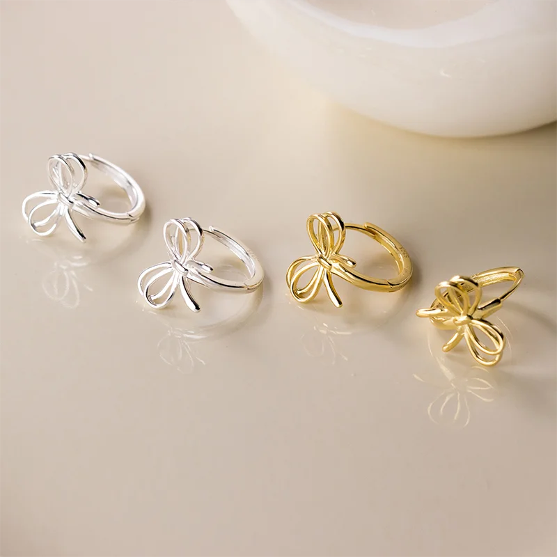 WANTME 925 Sterling Silver Hollow Romantic Bow Huggies Ear Hoops Earrings for Women Fashion Elegant Charm Party Jewelry Gifts
