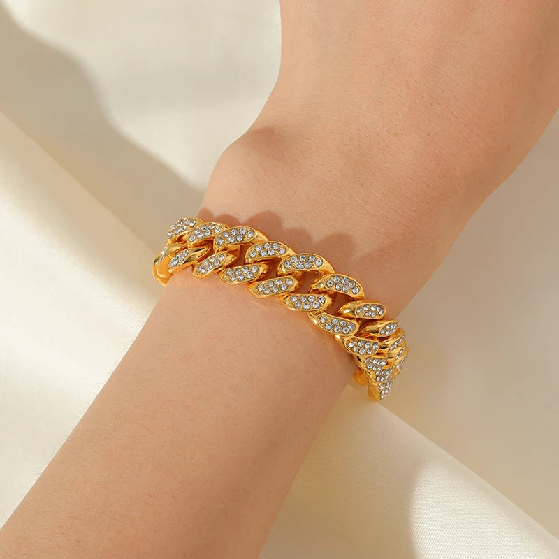 Silver Color Thick Cuban Necklace Bracelet Set For Women Punk Zircon