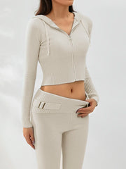 Women Cozy Ribbed Knit Long Sleeve Zip Up Hoodie with High Waist Wide Leg Pant