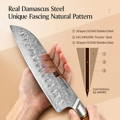 7'' Inch Santoku Knife 73 Layers Real Damascus Steel Pattern Knives