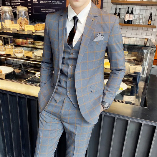 2023New Wedding Suit (suit + Waistcoat + Trousers) 3/2 Piece Set Stylish Handsome Trend Smart Casual  Four Seasons  Men Suit Set