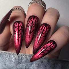 24Pcs Halloween False Nails Glitter Red Fake Nail with Spider Web Design Long Almond