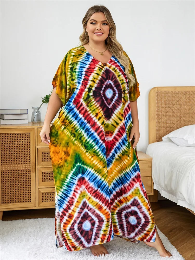 2024 Bohemian Multicolor V Neck Loose Kaftan Dress For Women Summer Casual Plus Size Batwing Sleeve Vacation Long Dress Q1464