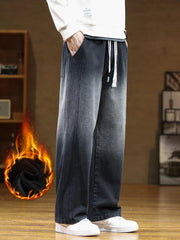 Men's Jeans Thicken Velvet Warm Denim Pants Wide-Leg Straight Thermal Fleece