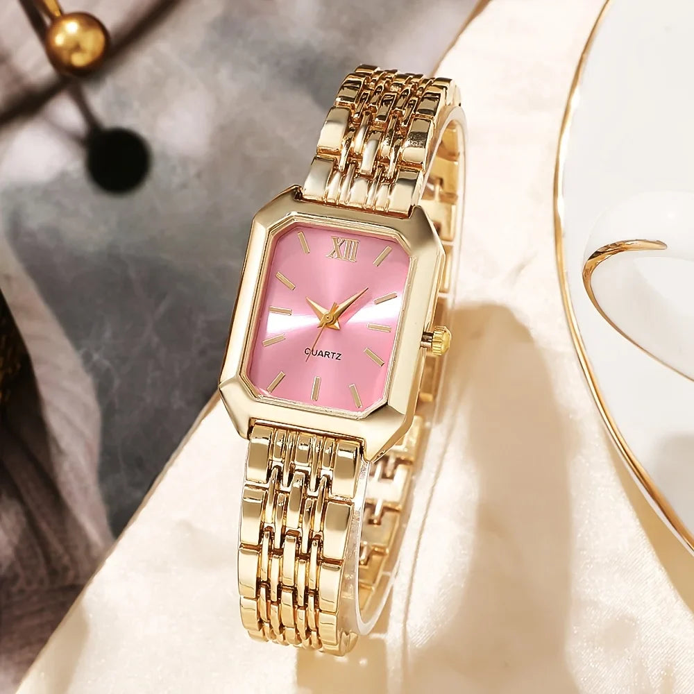 6pcs Elegant Rectangle Women Watches Heart Pendant Jewelry Set Ladies Quartz Wristwatch Reloj Mujer（Without Box）