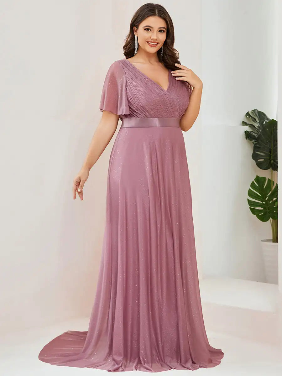 Evening Dresses Ever pretty of Plus Size Deep V Neck Ruffles Sleeve Dress