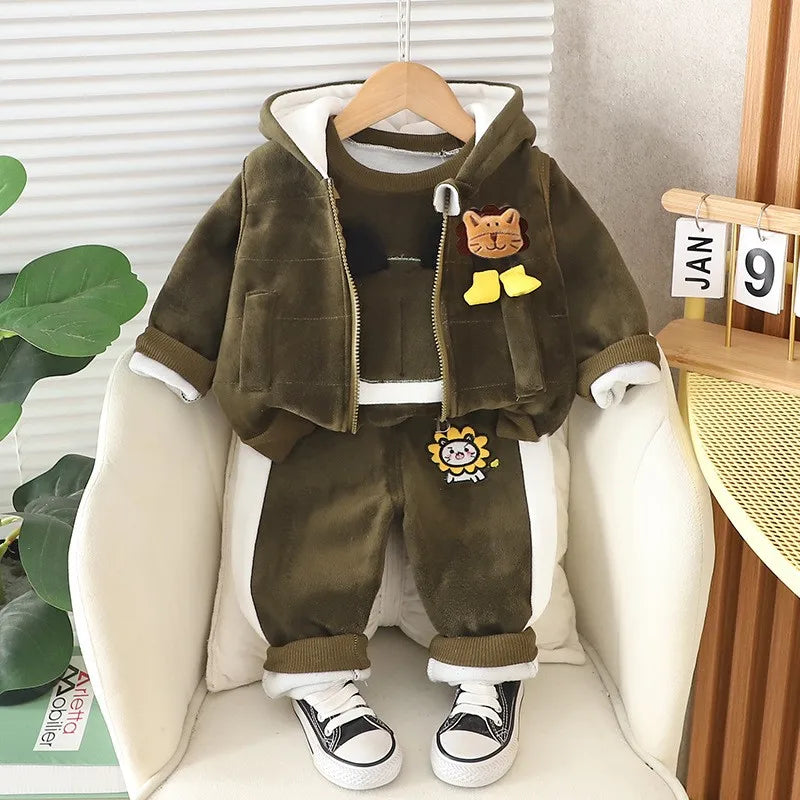 Baby Boys Clothing Set Autumn Winter Cartoon Lion Fleece Thick Hooded Jacket Coat Pants 3Pc Suit for 1-4 Years Kids Warm Outfits