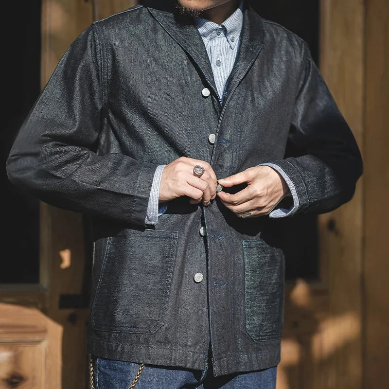 Maden Lapel Jeans Jacket Multi Pockets Coat Men’s Vintage Deck Workwear Denim Shirts
