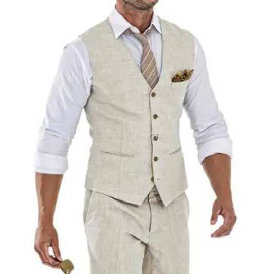 Beige Linen Suit Vest for Men Wedding Summer Beach One Piece Waistcoat