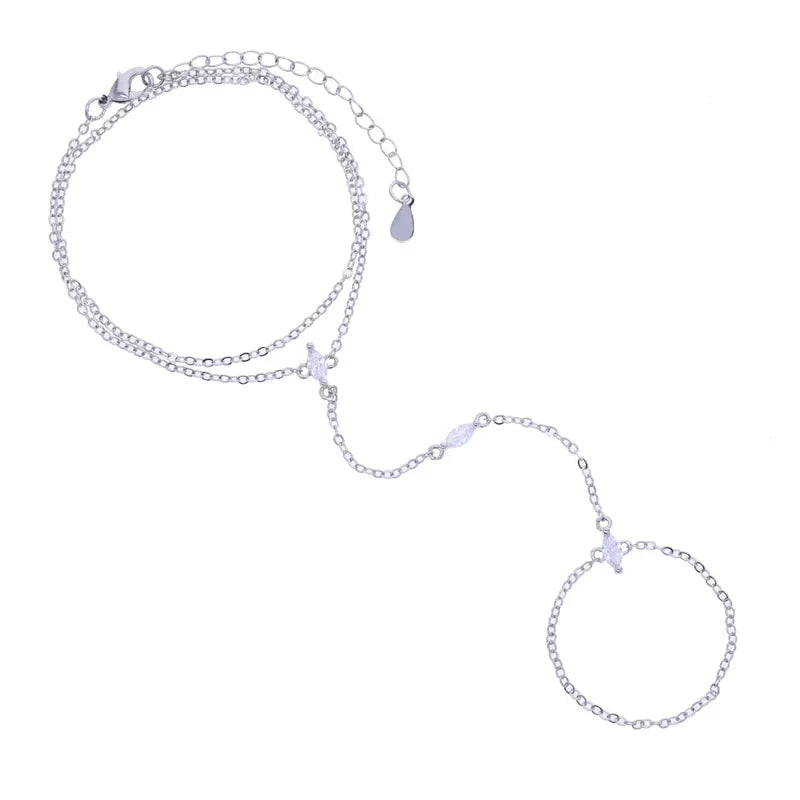 2025 New Geometric Marquise Cubic Zirconia CZ Paved Double Wrist Hand Chain Bracelet Simple Fashion Women Finger Slave Jewelry