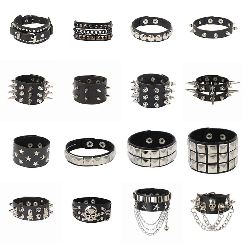 2022 New PU Leather Bracelet Punk Bracelet Adjustable Skull Goth Cuff Bracelet Gothic Rivet Buckle Wristband for Men Women