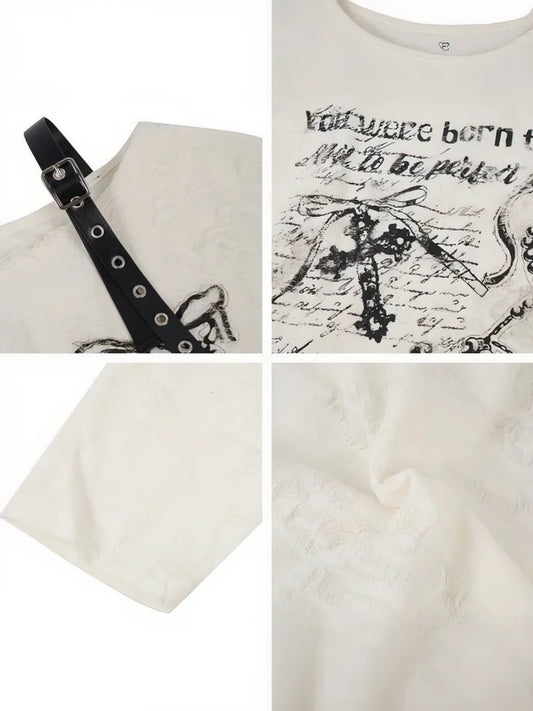 Vintage Y2K Oversize Off shoulder T shirt With Print Women Ripped Top Hole Long sleeve Baggy Basic T shirt Pulovers Ladies Tops