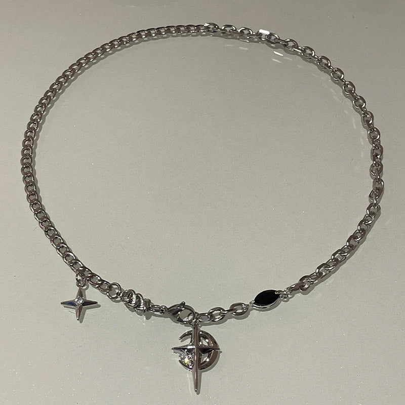 Cuban Figaro Chain Star Moon Pendant Necklace Men Punk Black Zircon Chain