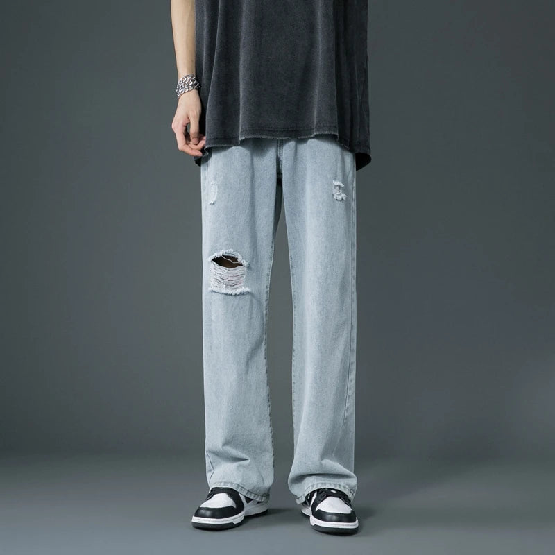 Thin Ripped Jeans Korean Street Fashion Loose Denim Trousers Baggy Blue Casual Pants