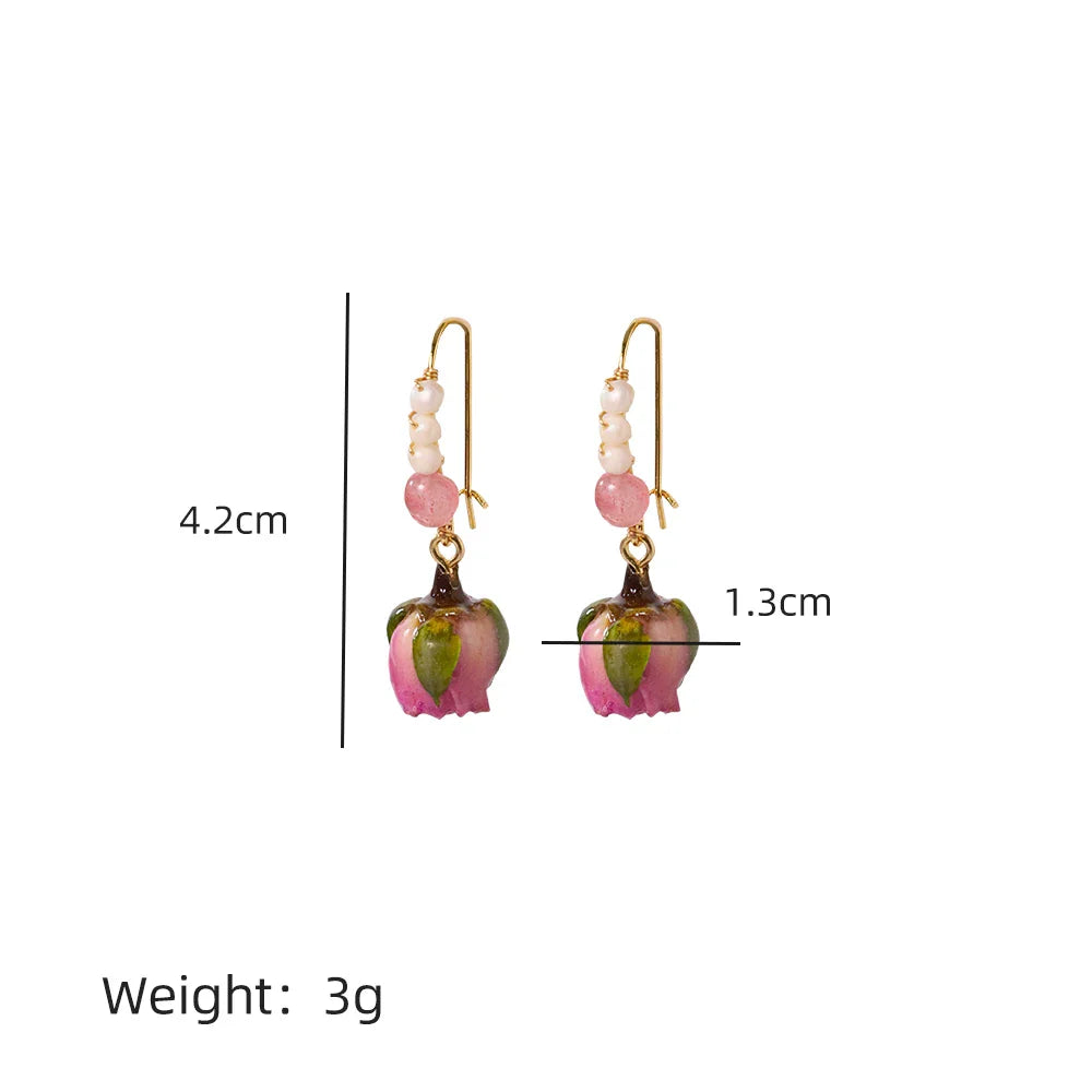Natural Freshwater Pearl Enamel Resin Flower Earrings Korean Style Women's Luxury Vintage Jewelry Fashion Ladies and Girls Gift