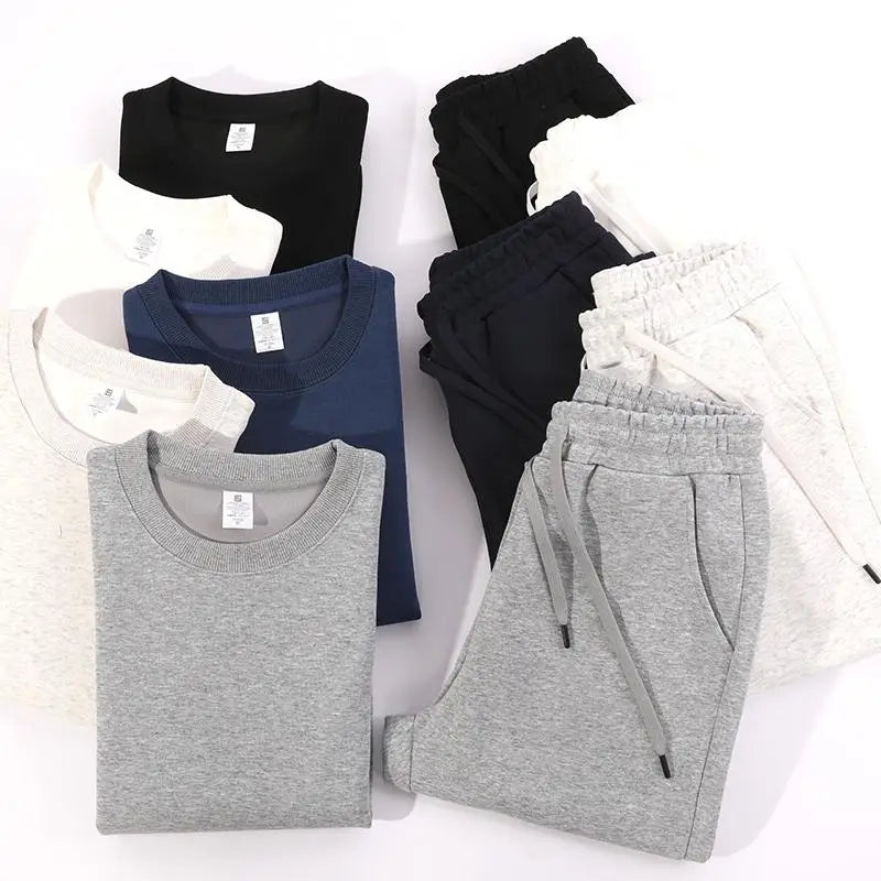 Men's Autumn and Winter New Solid Color Pullover Sweater & Pants Two-piece Set Fashionable Casual Sports Set Men's Tracksuit