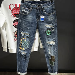 Men's Jeans Broken Tapered Torn with Print Trousers Graphic Retro Korean