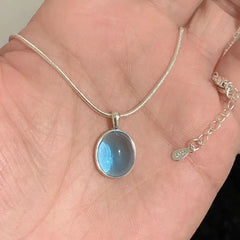 Silver Color Oval Aquamarine Pendant Necklace Ladies Girls Luxury Snake Chain